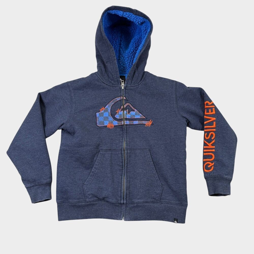 Quiksilver Boys Sherpa Lined Hoodie Blue Orange Full Zip Fleece Jacket Size S